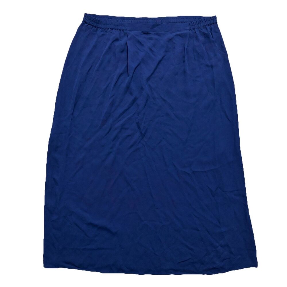 Talbots Silk Midi Skirt Women’s Sz 16 Navy Blue Vintage Elastic Waist Vintage